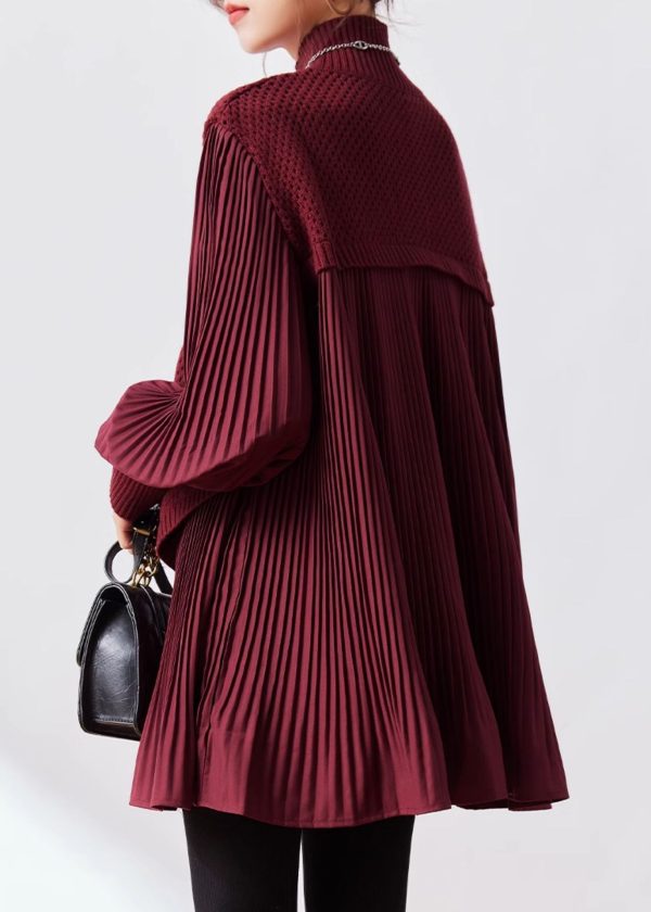 2025 New Wine Red Half High Neck Knitted Spliced Fake Two Piece Sweater Winter Online - Image 5