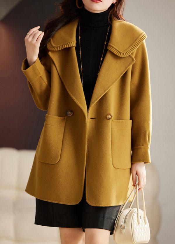 Classy Yellow Button Pockets Patchwork Wool Coat Long Sleeve Hot on Sale - Image 4