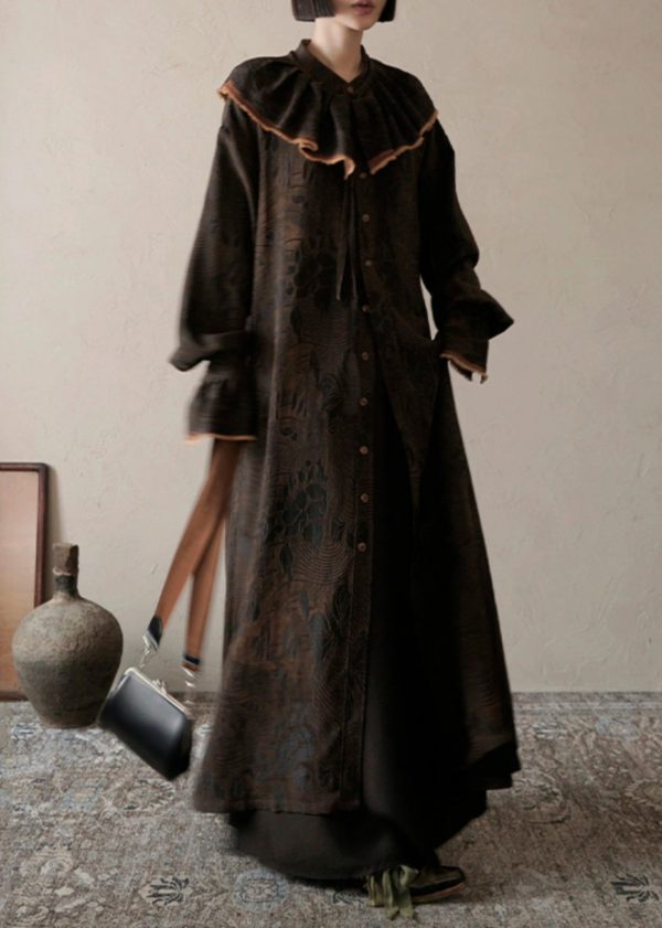Vintage Chocolate Ruffled Print Patchwork Silk Long Dress Fall Discount - Image 3