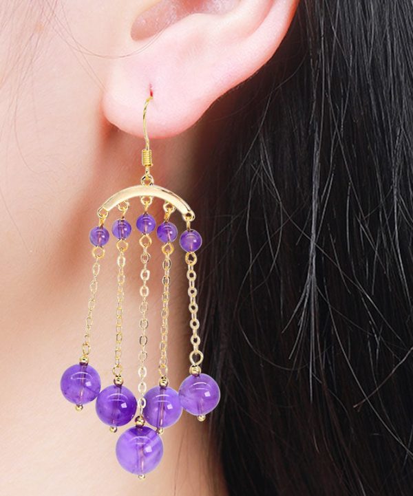 Beautiful Purple 14K Gold Crystal Tassel Drop Earrings Fashion - Image 2