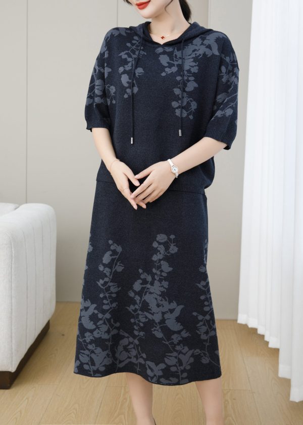 Casual Navy Hooded Jacquard Patchwork Knit Two Piece Set Fall Discount - Image 5