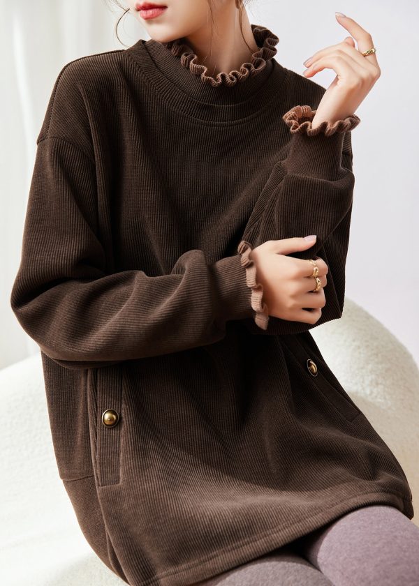 French Coffee Ruffled Patchwork False Two Pieces Warm Fleece Top Fall Supply