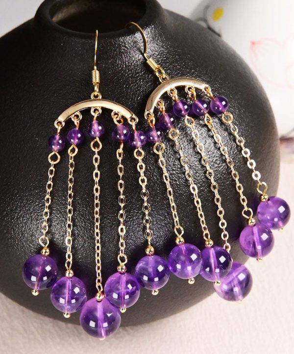 Beautiful Purple 14K Gold Crystal Tassel Drop Earrings Fashion - Image 4