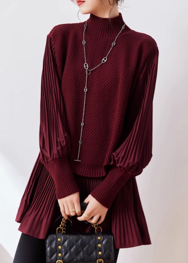 2025 New Wine Red Half High Neck Knitted Spliced Fake Two Piece Sweater Winter Online