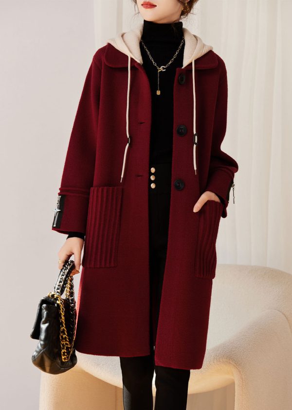 Modern Red Drawstring Button Woolen Hoodies Coats Long Sleeve on Sale