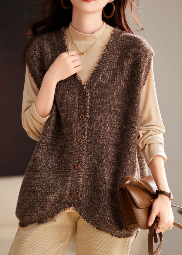 Women Coffee Tasseled Knit Vest And Cotton Top Two Pieces Set Winter Online Hot Sale