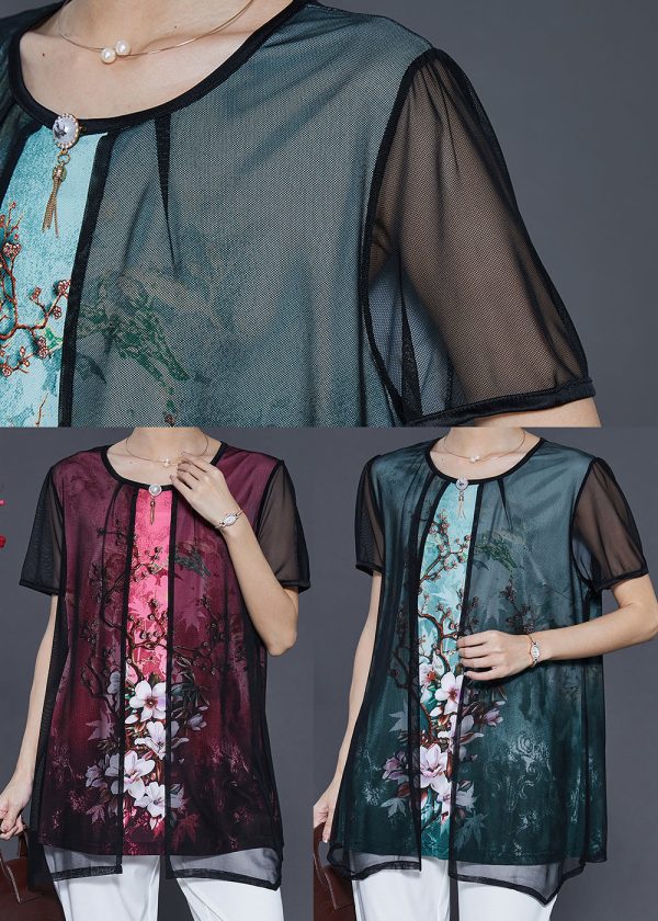 Women Green Flower Tulle Fake Two Piece Shirt Tops Summer Supply - Image 5