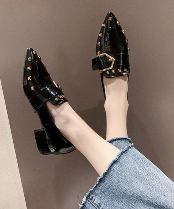 Beautiful Black Chunky Heel Faux Leather Pointed Toe Rivet Supply - Image 3