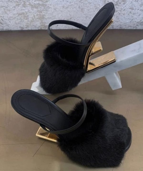 Novelty Sexy Apricot Mink Hair Slide Sandals Alien Heel on Sale - Image 2