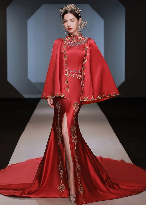 Chinese Style Red Embroidered Side Open Patchwork Silk Two-Piece Set Fall Discount - Image 3