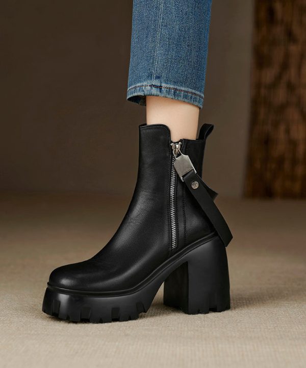 Beautiful Black Zippered Splicing Cowhide Leather Chunky Heel Boots Cheap - Image 3