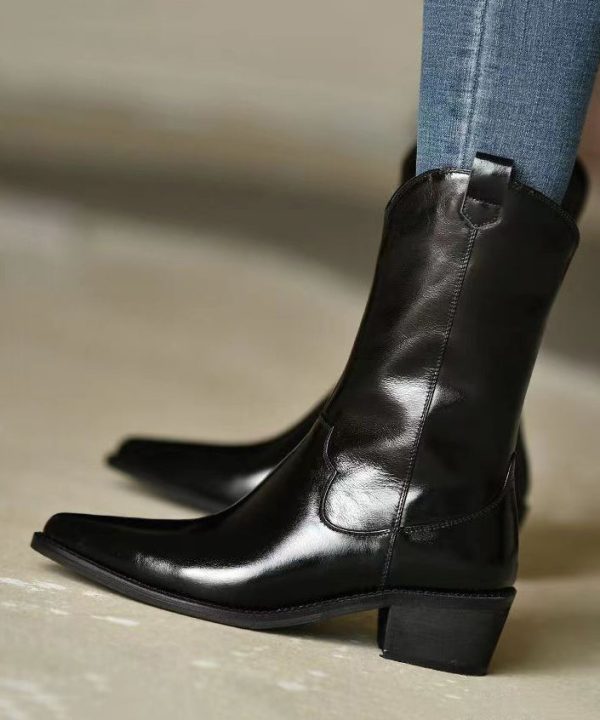 Chic Black Pointed Toe Boots Chunky Cowhide Leather Online now - Image 4