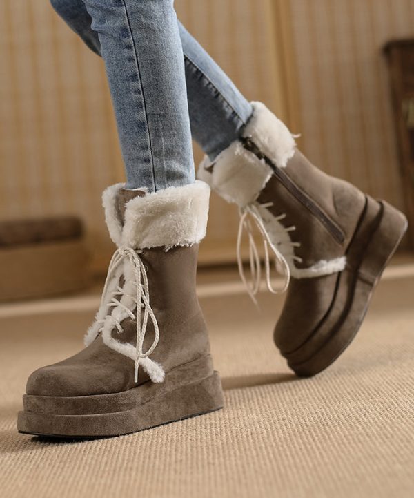 Brown Fuzzy Wool Lined Cross Strap Splicing Platform Boots Fashion