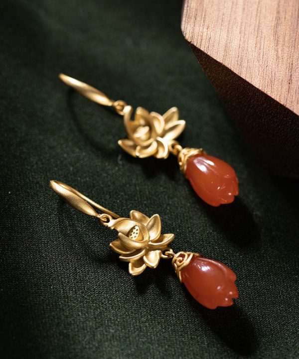 Women Gold Sterling Silver Overgild Agate Magnolia Flower Drop Earrings Online