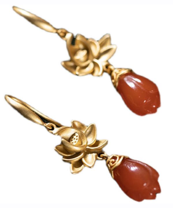 Women Gold Sterling Silver Overgild Agate Magnolia Flower Drop Earrings Online - Image 5