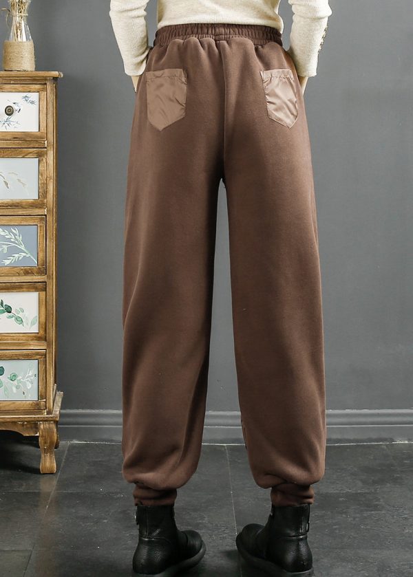 Casual Loose Coffee Pockets Elastic Waist Duck Down Beam Pants Winter Online - Image 5