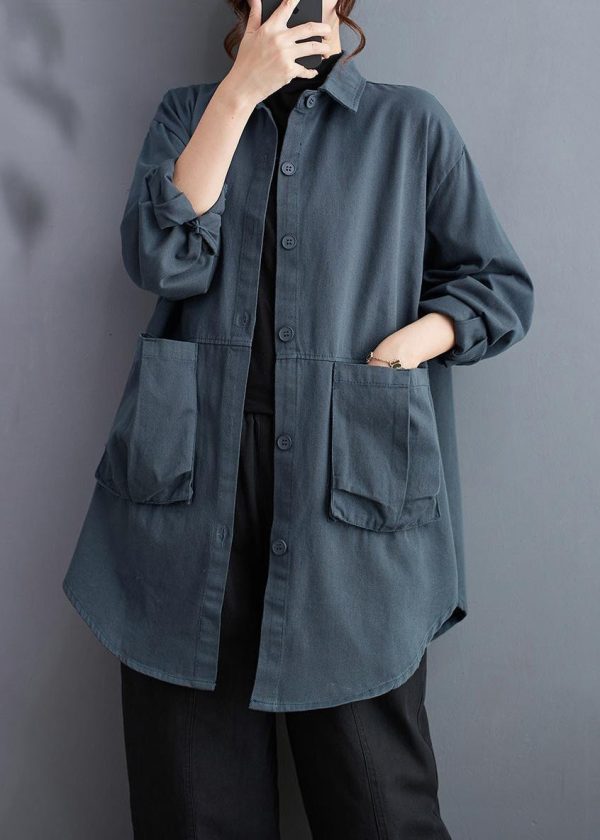 Haze Blue Button Cotton Blouse Peter Pan Collar Fall on Sale - Image 3
