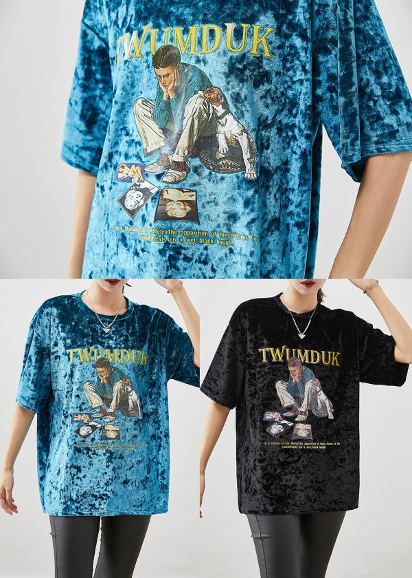 Classy Black Oversized Print Silk Velour Sweatshirt Short Sleeve Hot on Sale - Image 5