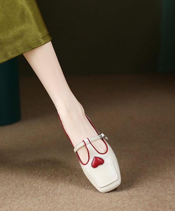 Beige Heart Cowhide Leather Flat Feet Shoes Casual Versatile Online - Image 3