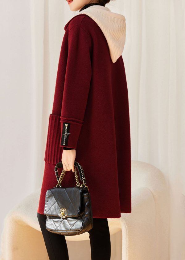 Modern Red Drawstring Button Woolen Hoodies Coats Long Sleeve on Sale - Image 4