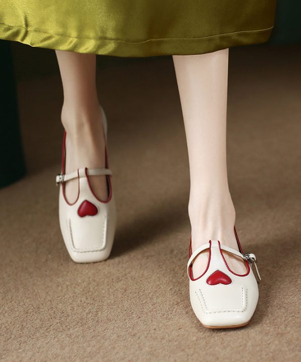 Beige Heart Cowhide Leather Flat Feet Shoes Casual Versatile Online