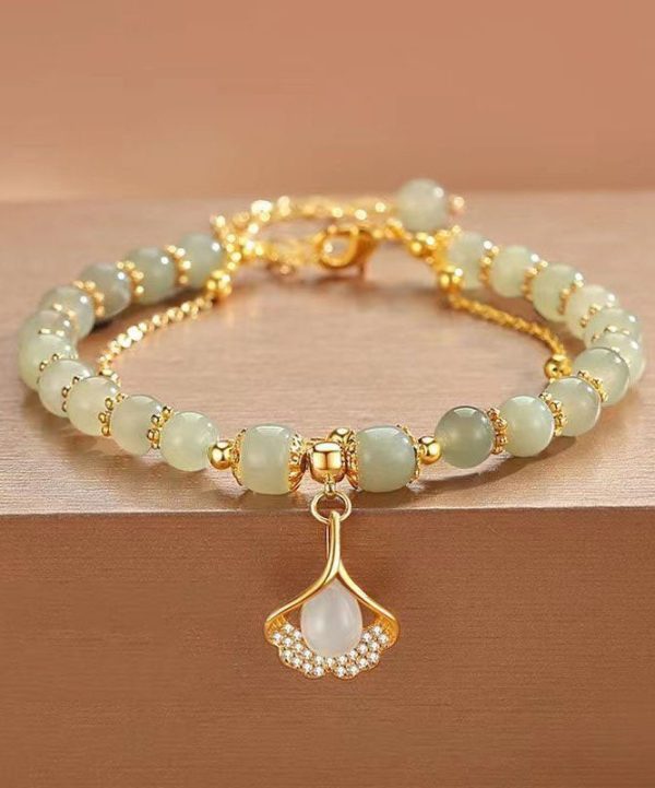 Simple Light Green Sterling Silver Overgild Zircon Jade Ginkgo Leaf Charm Bracelet For Cheap