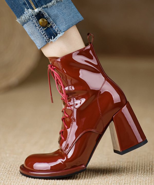 Mulberry Cross Strap Zippered Splicing Genuine Leather Chunky Boots Hot on Sale - Image 4