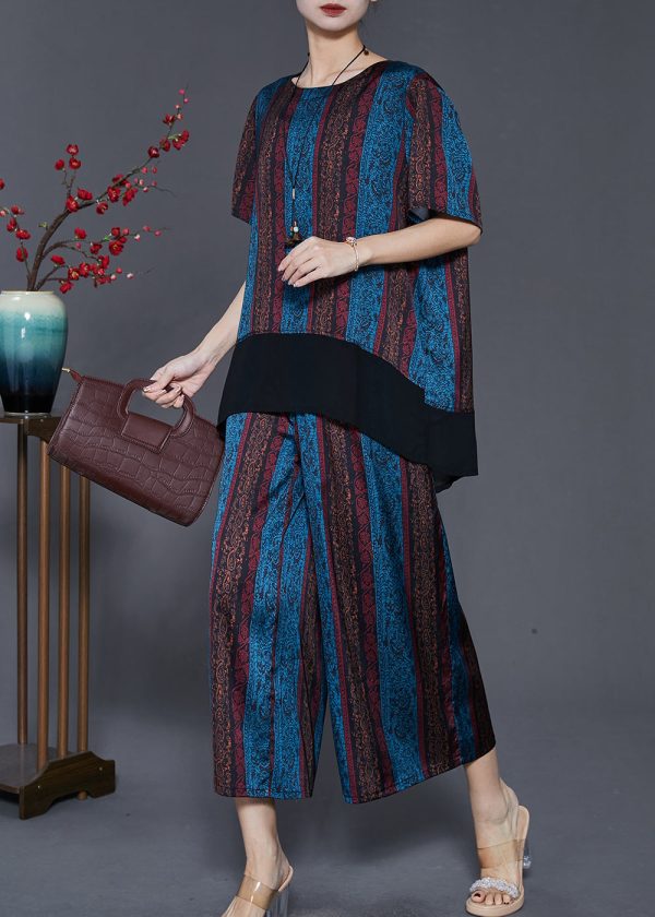 Blue Patchwork Silk Loose Women Two Pieces Set Low High Design Summer For Sale