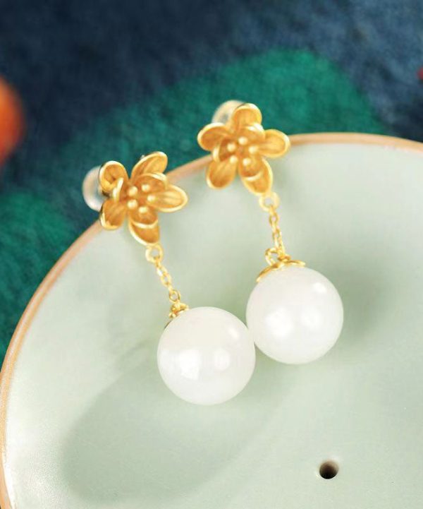 Skinny White Ancient Gold Jade Floral Drop Earrings For Cheap - Image 4