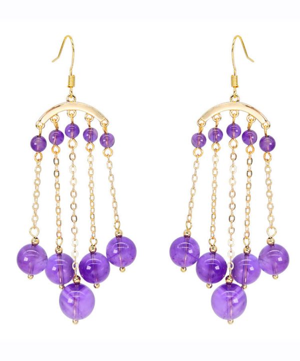 Beautiful Purple 14K Gold Crystal Tassel Drop Earrings Fashion - Image 5