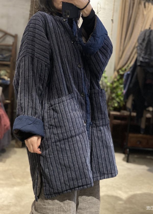 Plus Size Vintage Blue Stand Collar Pockets Striped Fine Cotton Filled Coat Winter Cheap - Image 4