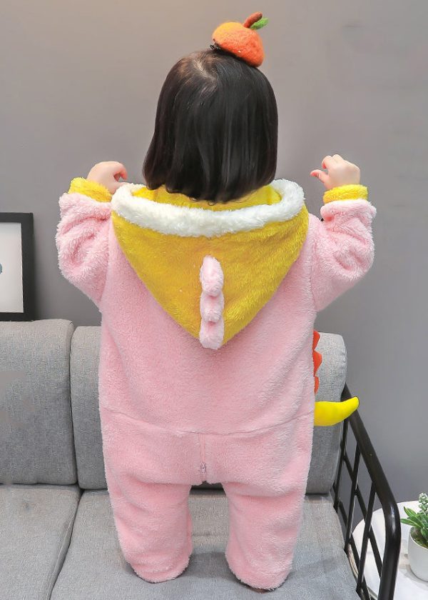 Cute Pink Hooded Zippered Patchwork Fluffy Kids Jumpsuit Long Sleeve For Sale - Image 5