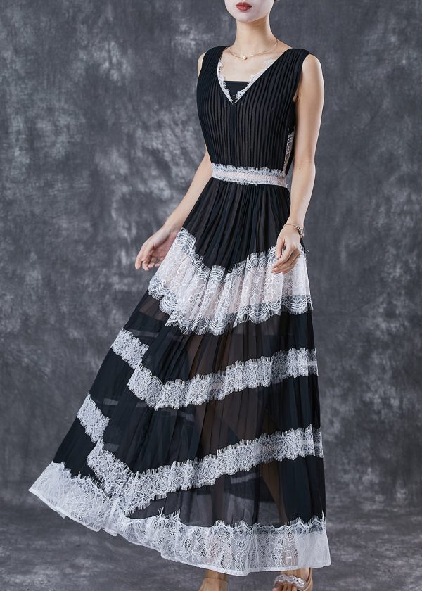 Casual Black Exra Large Hem Patchwork Lace Linen Silk Pleated Dresses Sleeveless Supply - Image 2